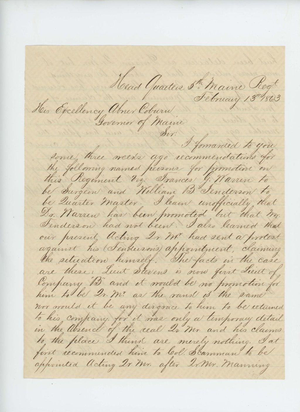 Miniature of Lieutenant Colonel C.S. Edwards recommends promotions of Dr. Warren and William B. Fenderson