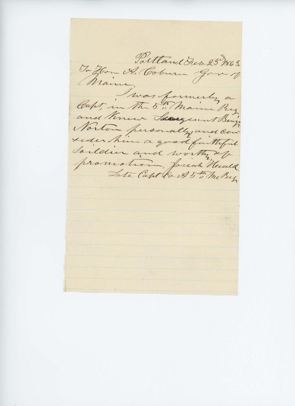 Miniature of Josiah Heald recommends Sergeant Benjamin Norton for promotion