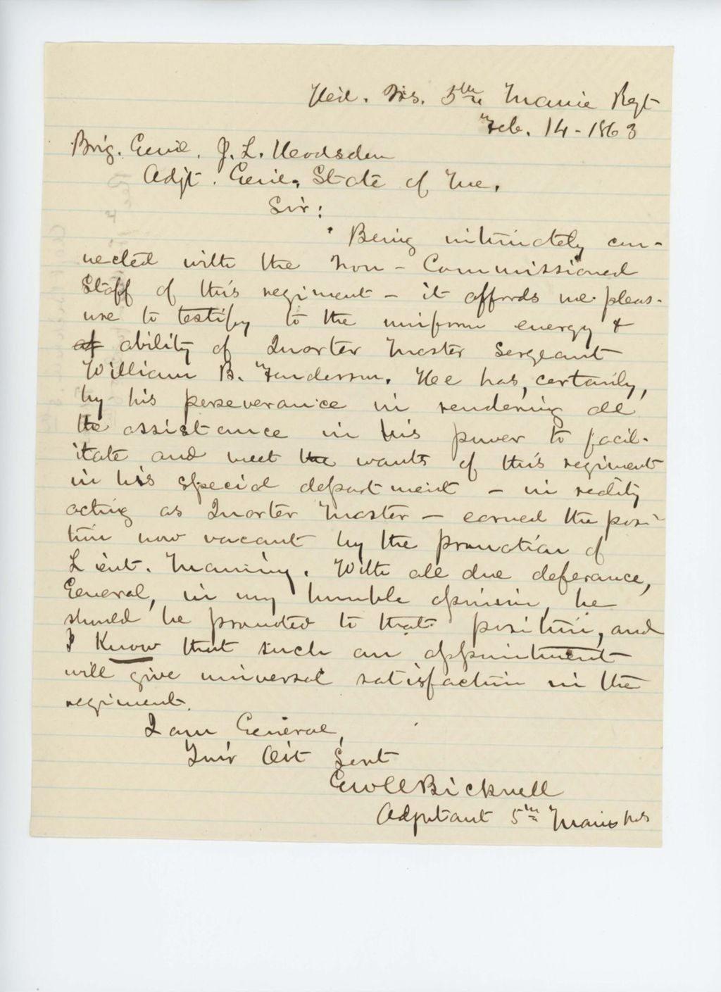 Miniature of Adjutant Bicknell recommends William Fenderson for promotion