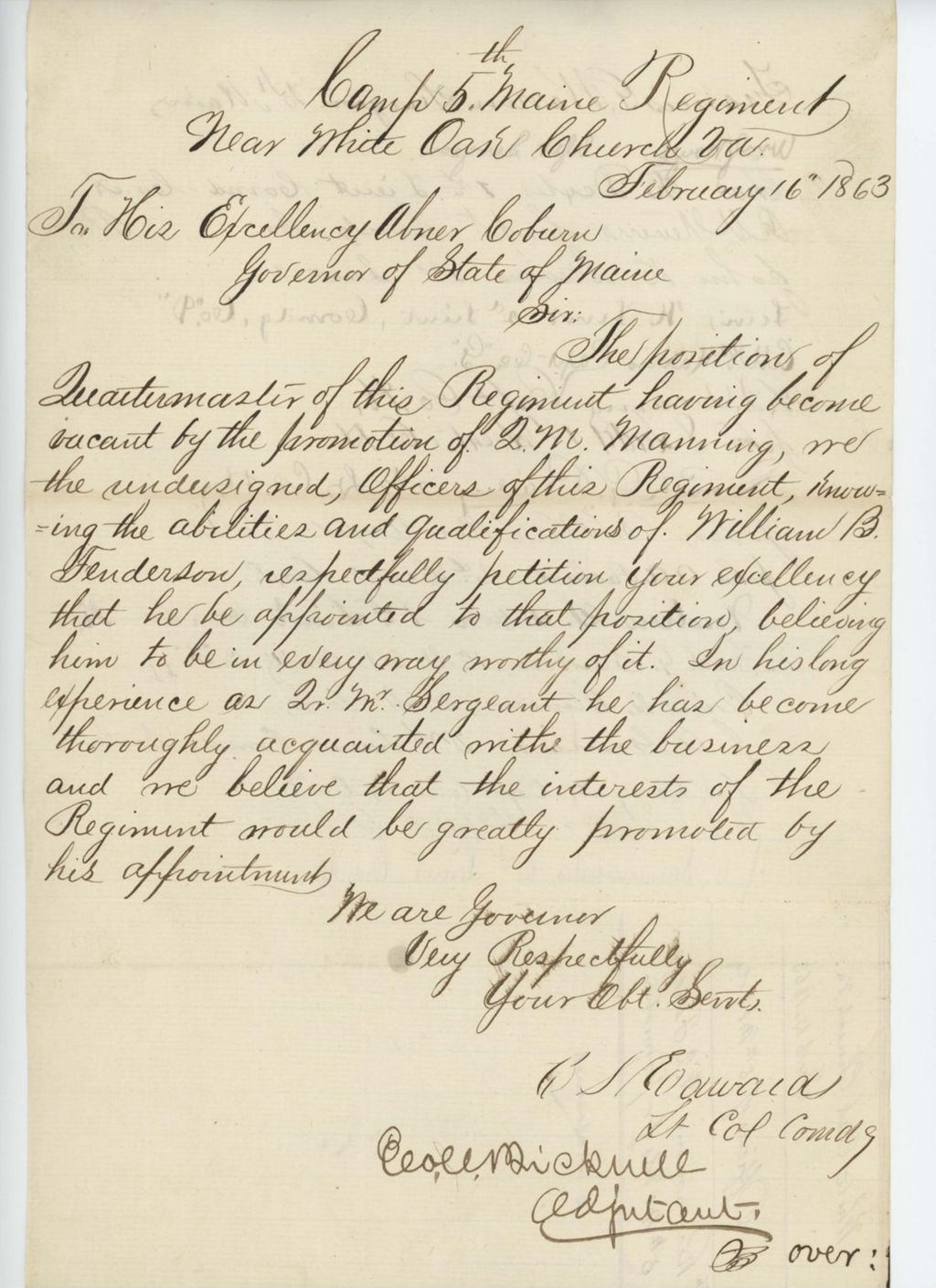Miniature of Officers of the regiment recommend W.B. Fenderson for promotion