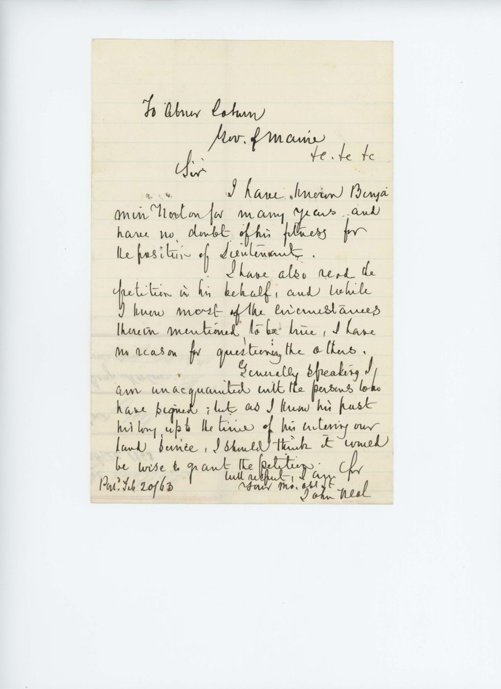 Miniature of John Neal recommends Benjamin Norton for promotion