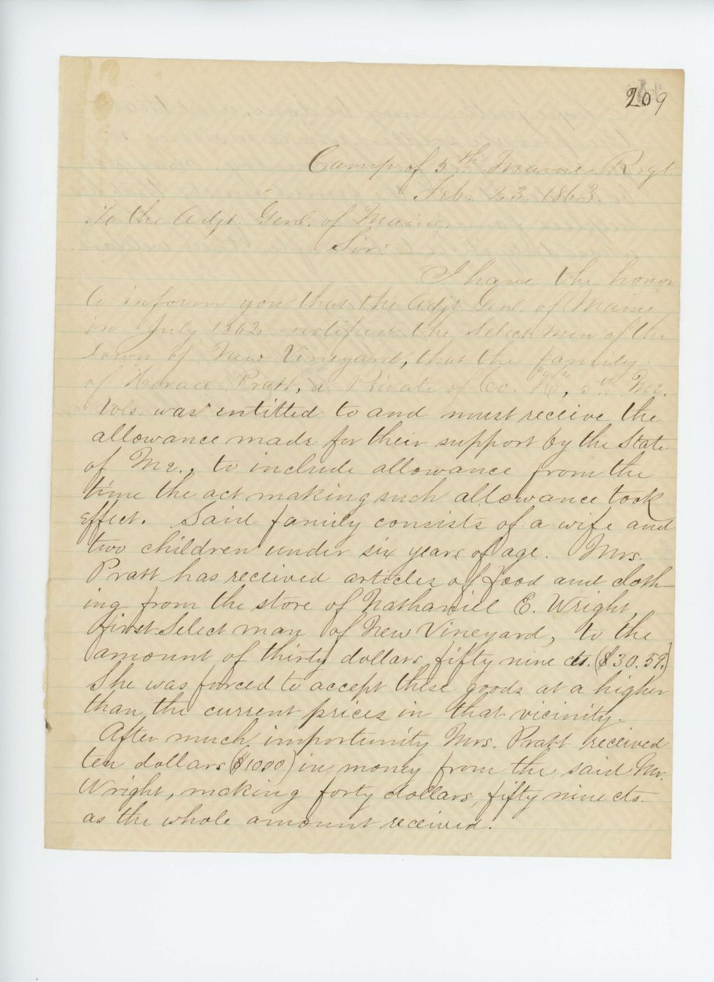 Miniature of Captain A.S. Dearing of Company H requests aid for the family of Horace Pratt