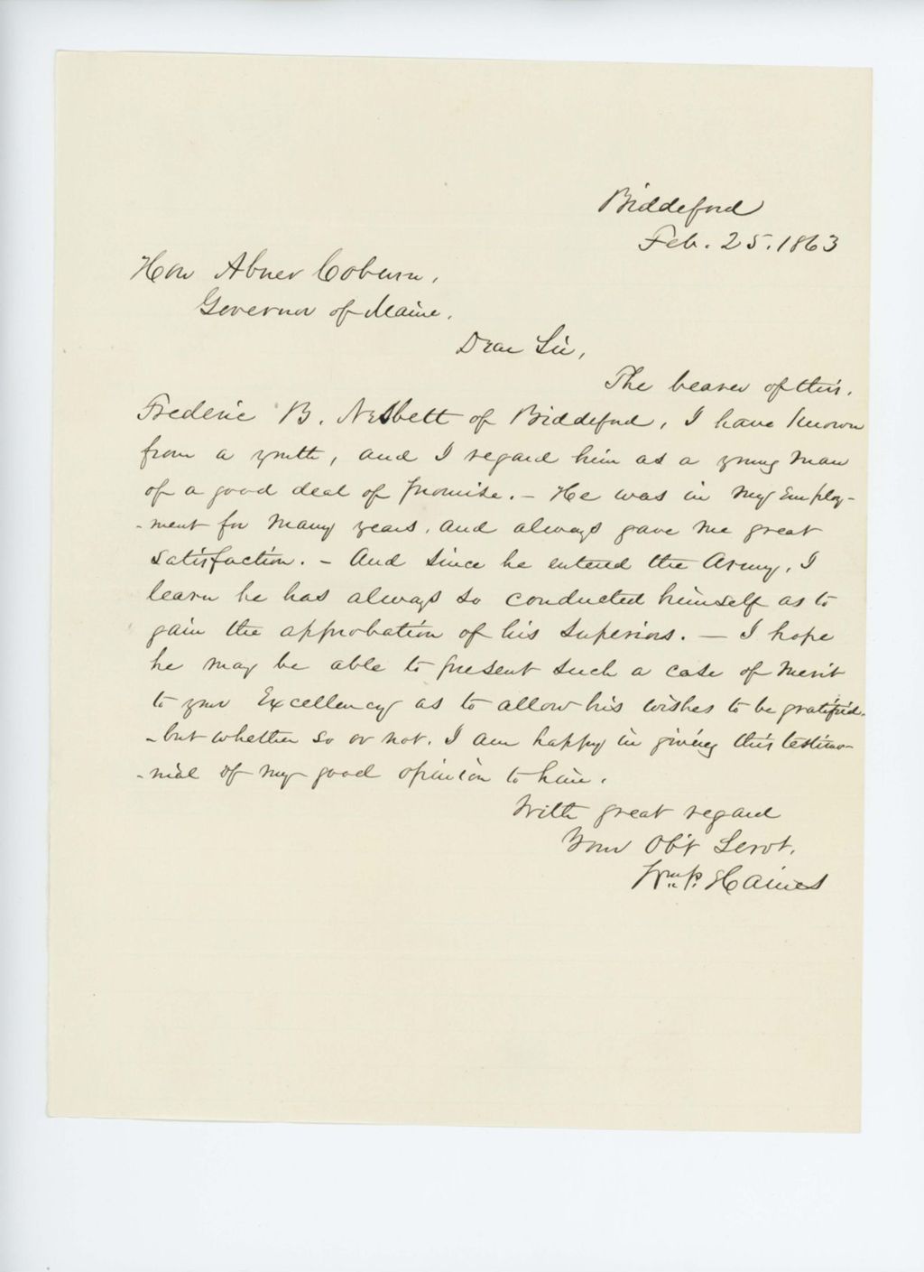 Miniature of William Haines recommends Frederic B. Nesbett for promotion