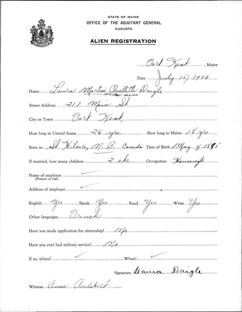 Miniature of Alien Registration- Ouellette Daigle, Laura M. (Fort Kent, Aroostook County)