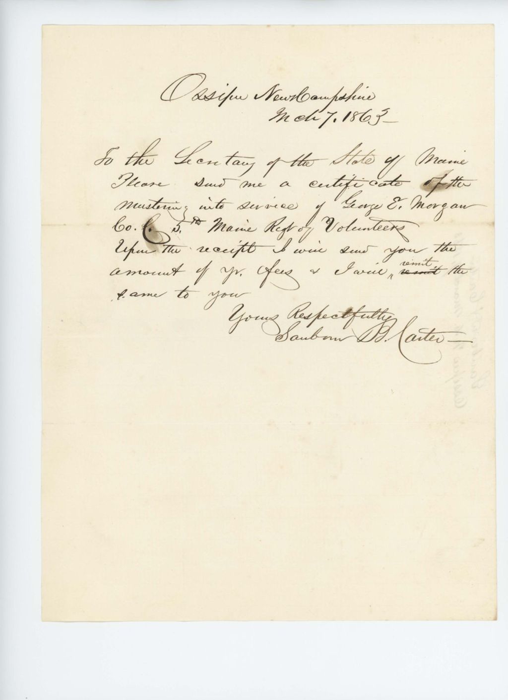 Miniature of Sanborn Carter requests a muster certificate for Goerge E. Morgan, Company C
