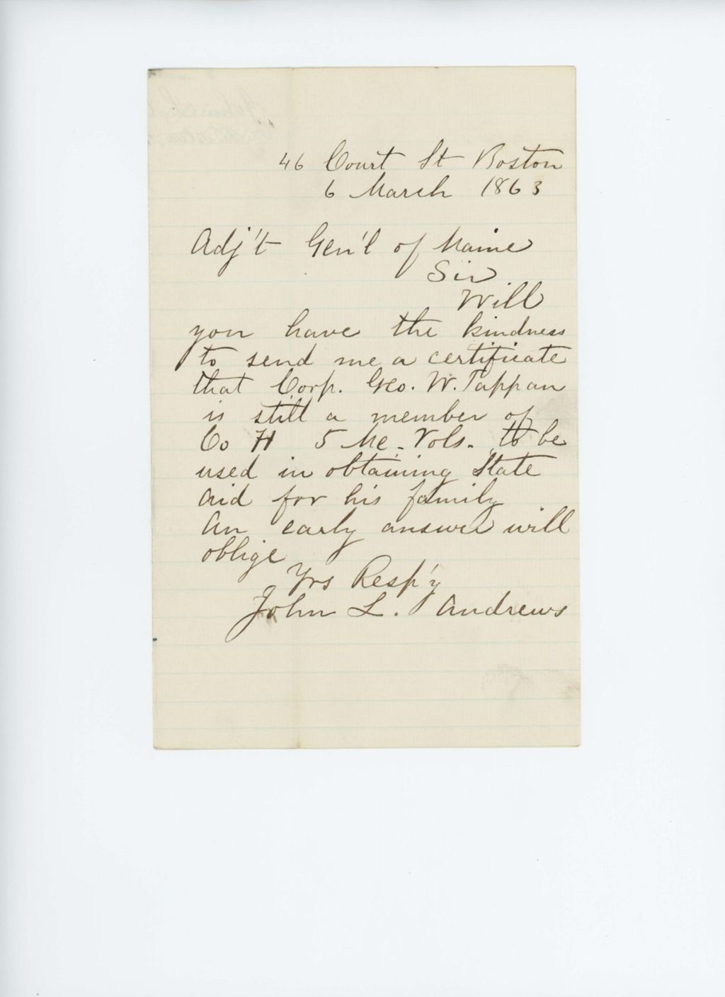 Miniature of John L. Andrews requests certificate for Corporal George W. Tappan