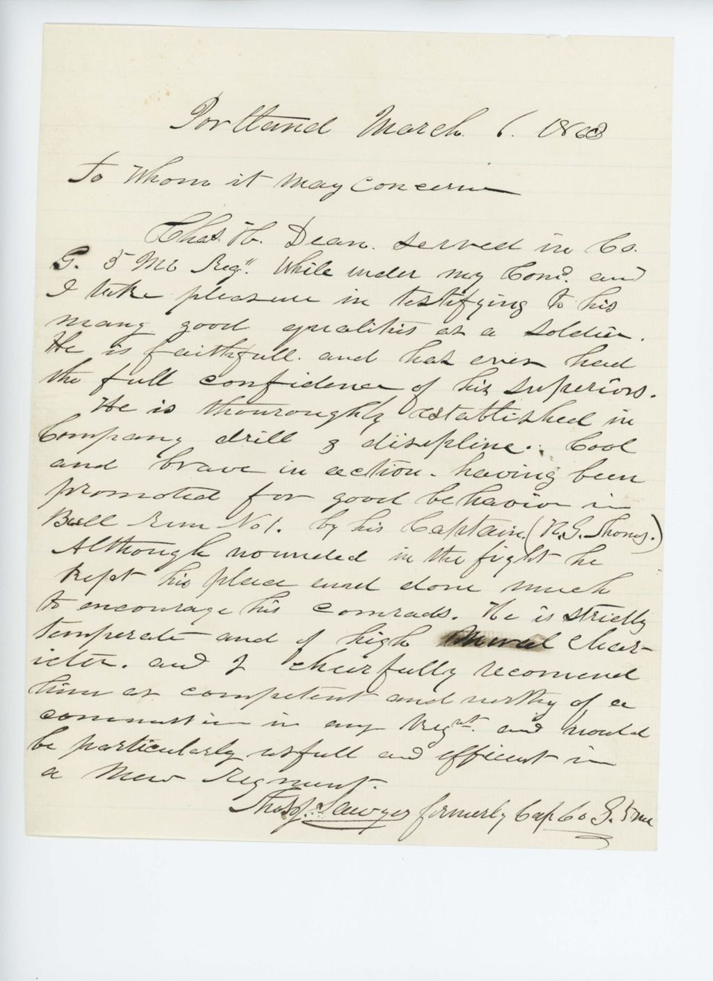 Miniature of Captain Sawyer recommends Charles H. Dean for promotion
