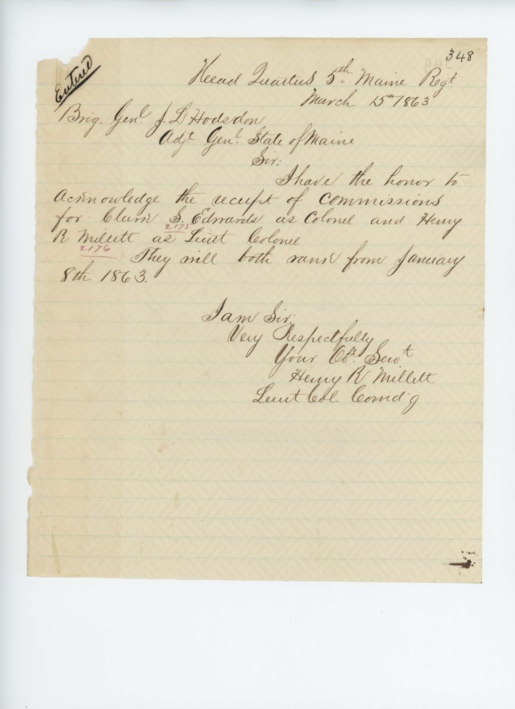 Miniature of Lieutenant Colonel Henry Millett accepts commissions for himself and Clark Edwards
