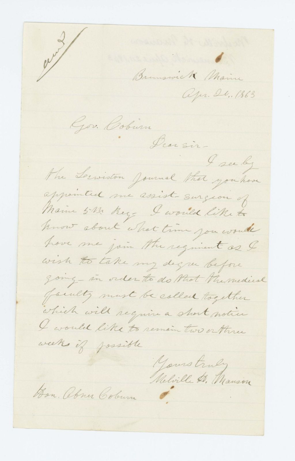 Miniature of Melville Manson inquires when he should plan to join the regiment as assistant surgeon