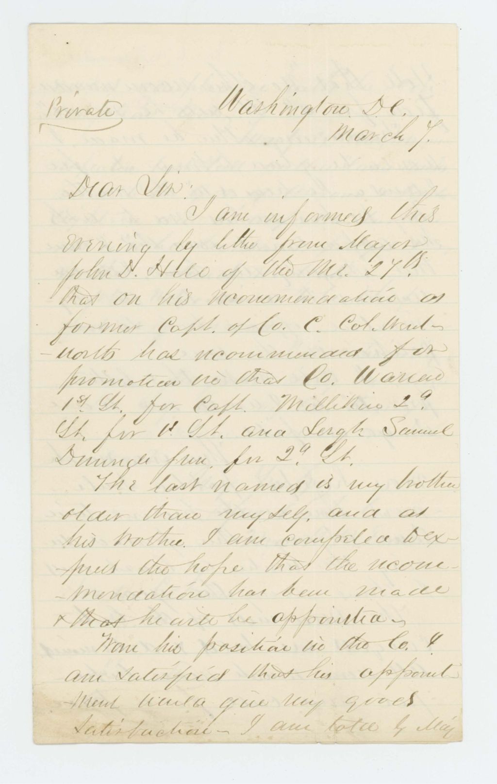 Miniature of Mark Dunnell writes Governor Coburn regarding promotion for his brother Samuel and others