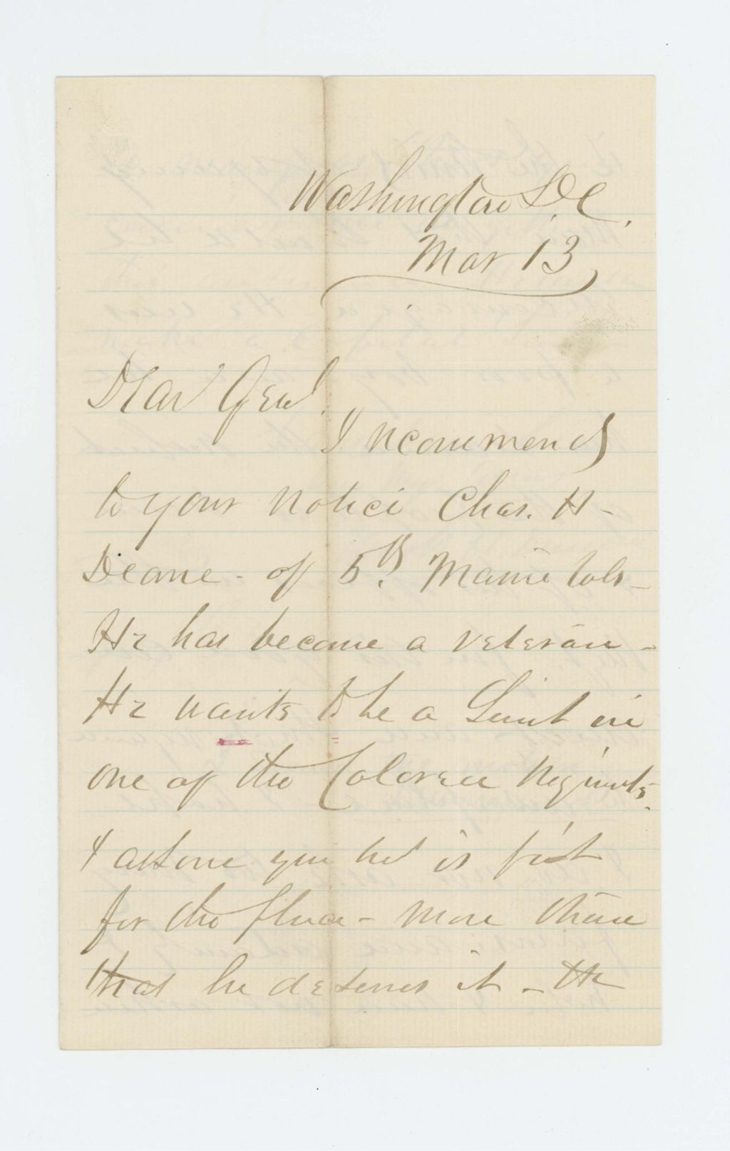 Miniature of Mark Dunnell and Josiah Drummond recommend Charles H. Deane for Lieutenant in the Colored Troops