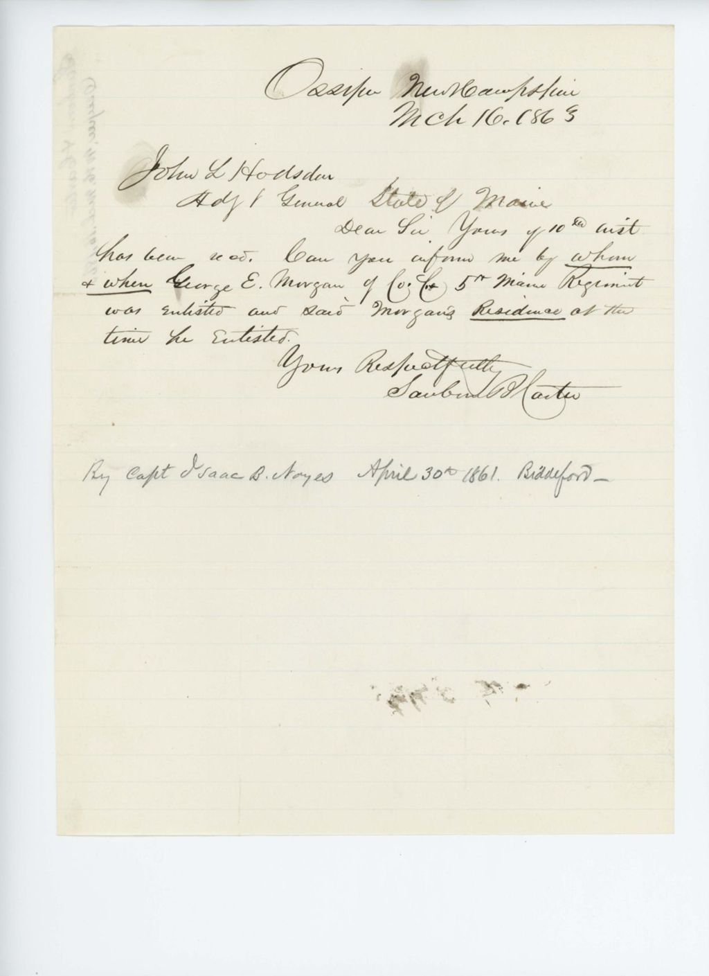 Miniature of Sanborn Carter requests date of enlistment and place of residence for George E. Morgan
