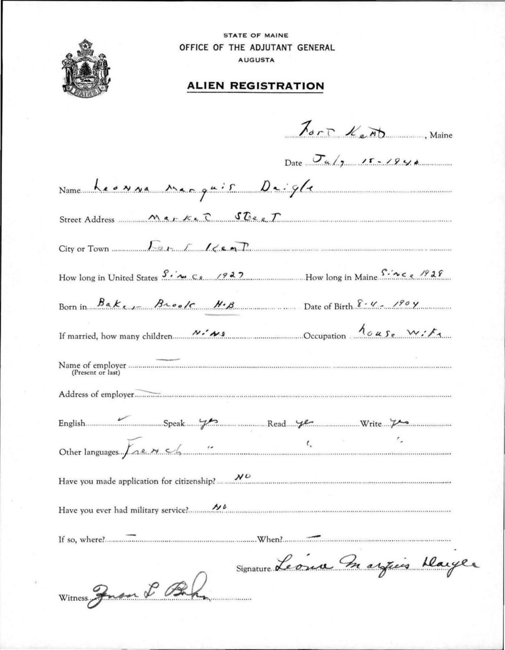 Miniature of Alien Registration- Daigle, Leonna M. (Fort Kent, Aroostook County)