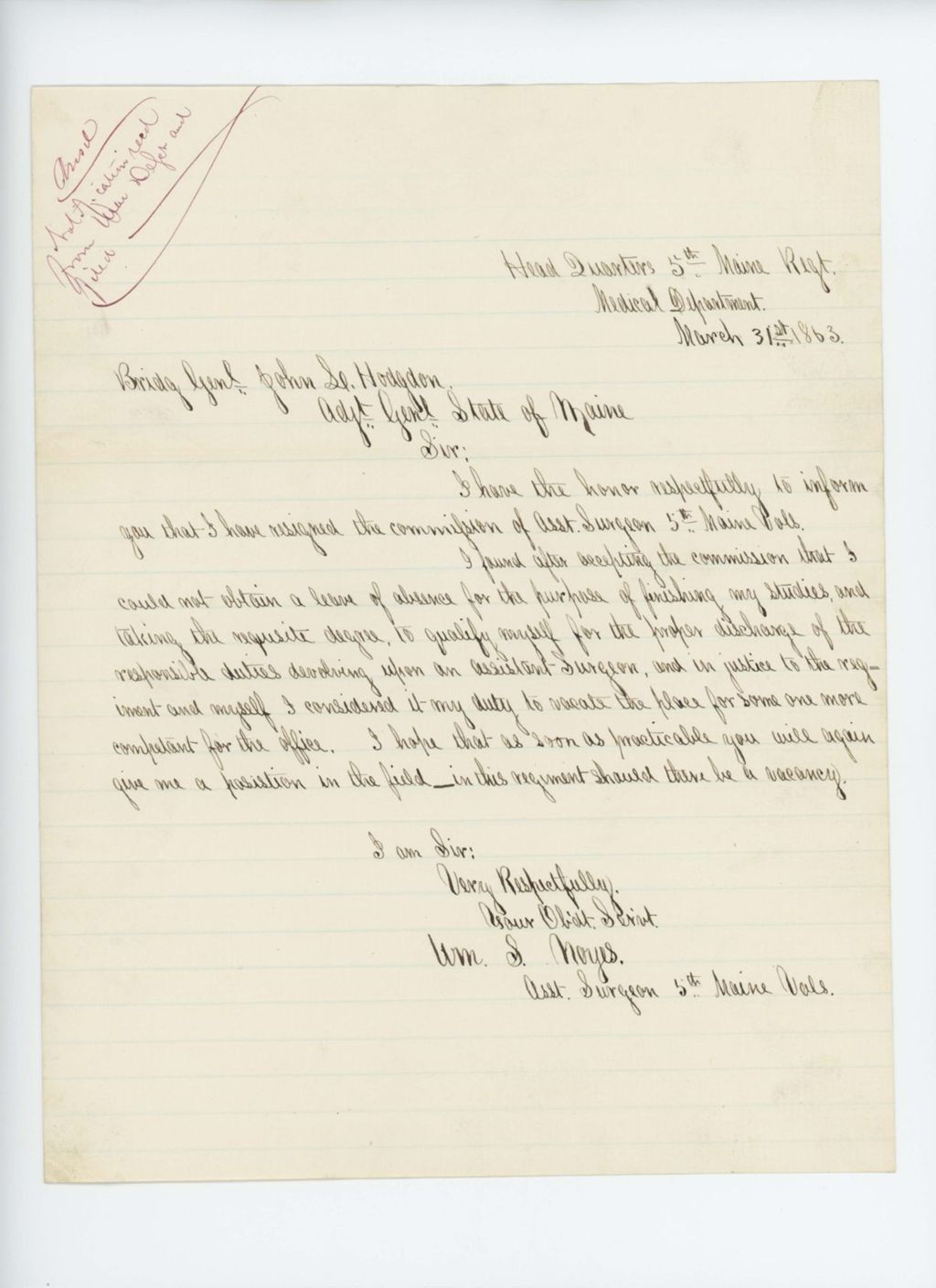 Miniature of Assistant Surgeon William S. Noyes resigns his position as he lacks a degree and is unqualified