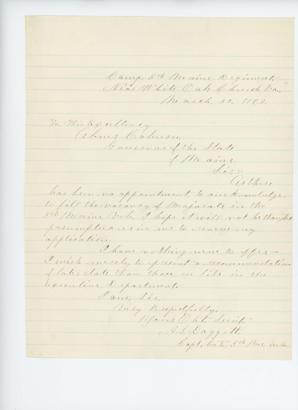 Miniature of Captain A.S. Daggett of Company E requests promotion to Major