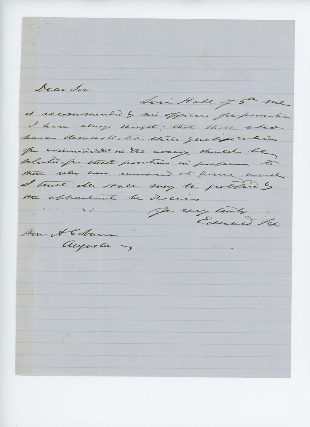 Miniature of Edward Fox recommends Levi Hall for promotion to Governor Coburn
