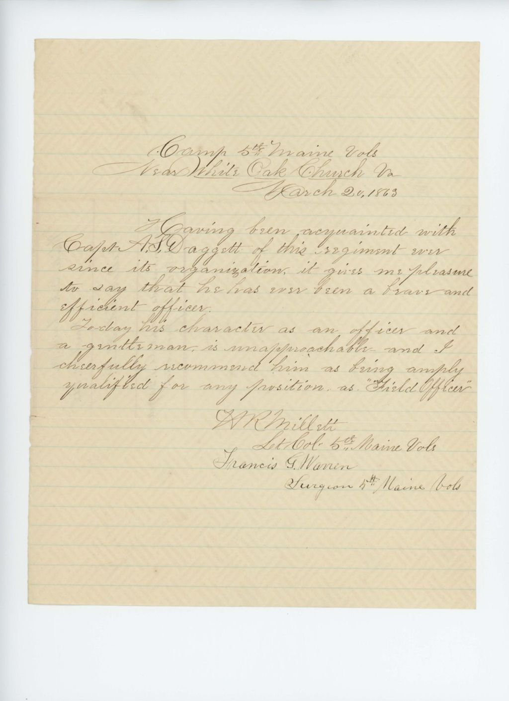 Miniature of Lieutenant Colonel Millett and Surgeon Warren recommend Captain Daggett for promotion