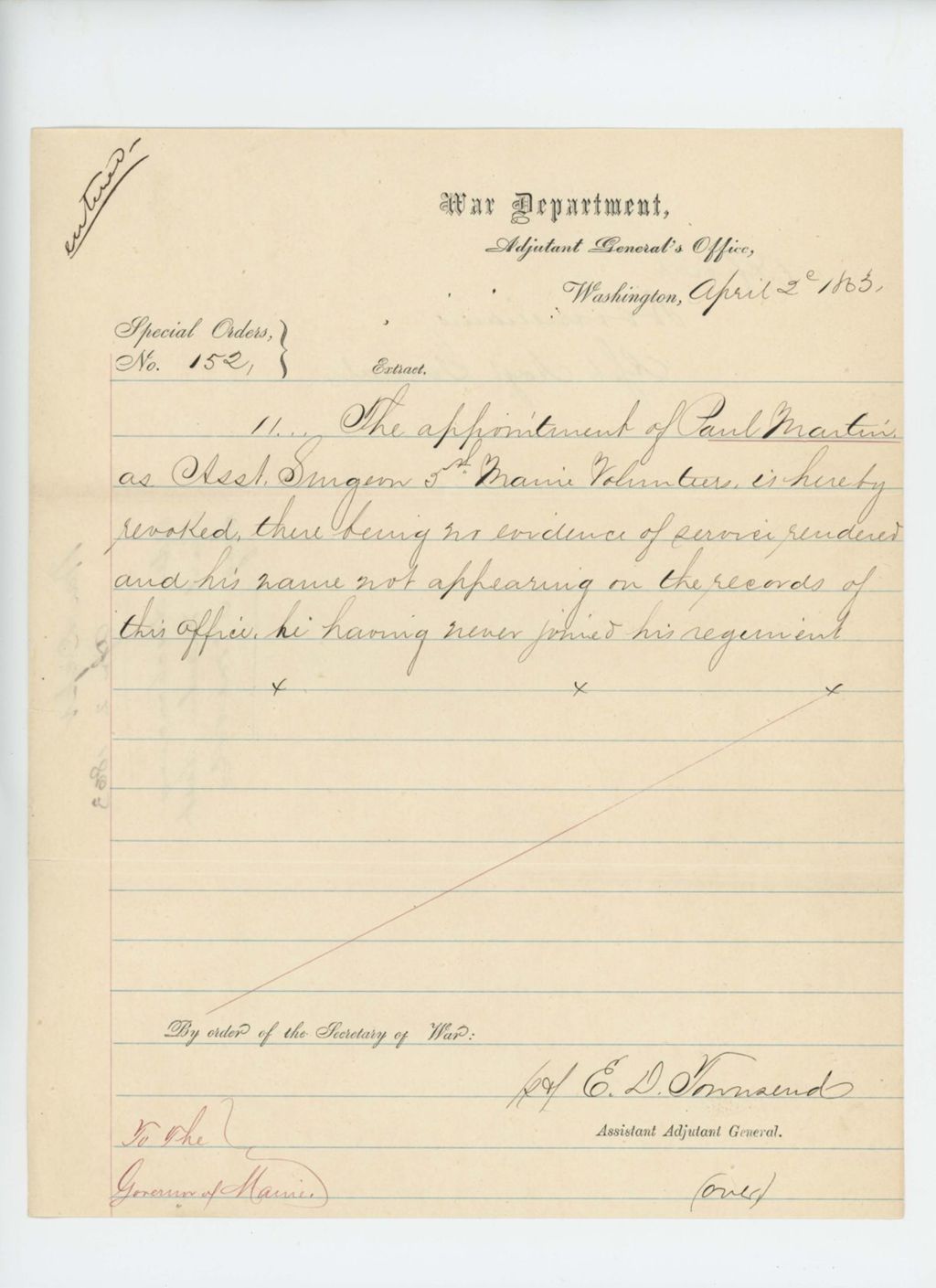 Miniature of Special Order 152 revoking appointment of Paul Martin as assistant surgeon