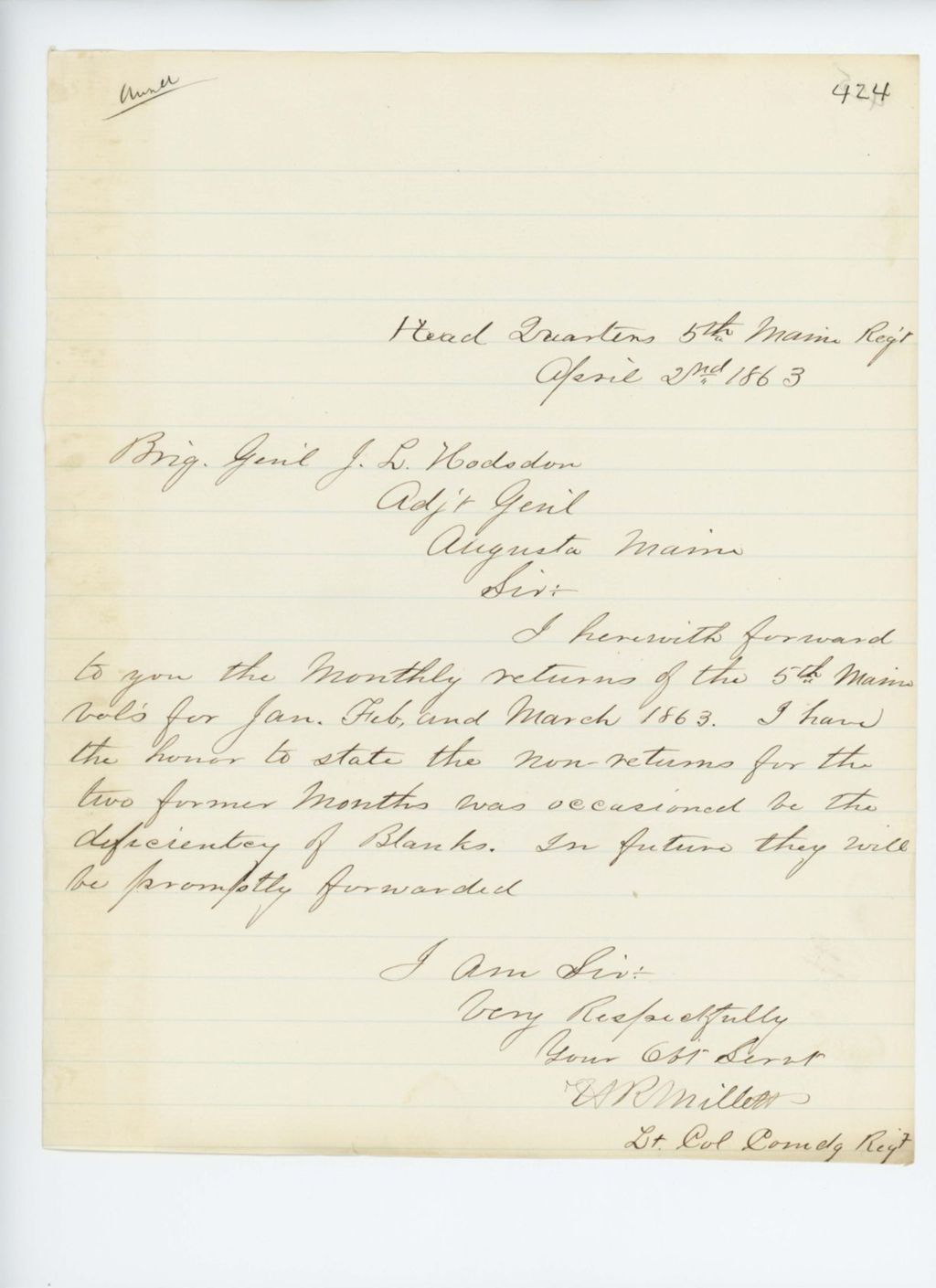 Miniature of Lieutenant Colonel Henry Millett forwards the monthly returns to Brigadier General Hodsdon