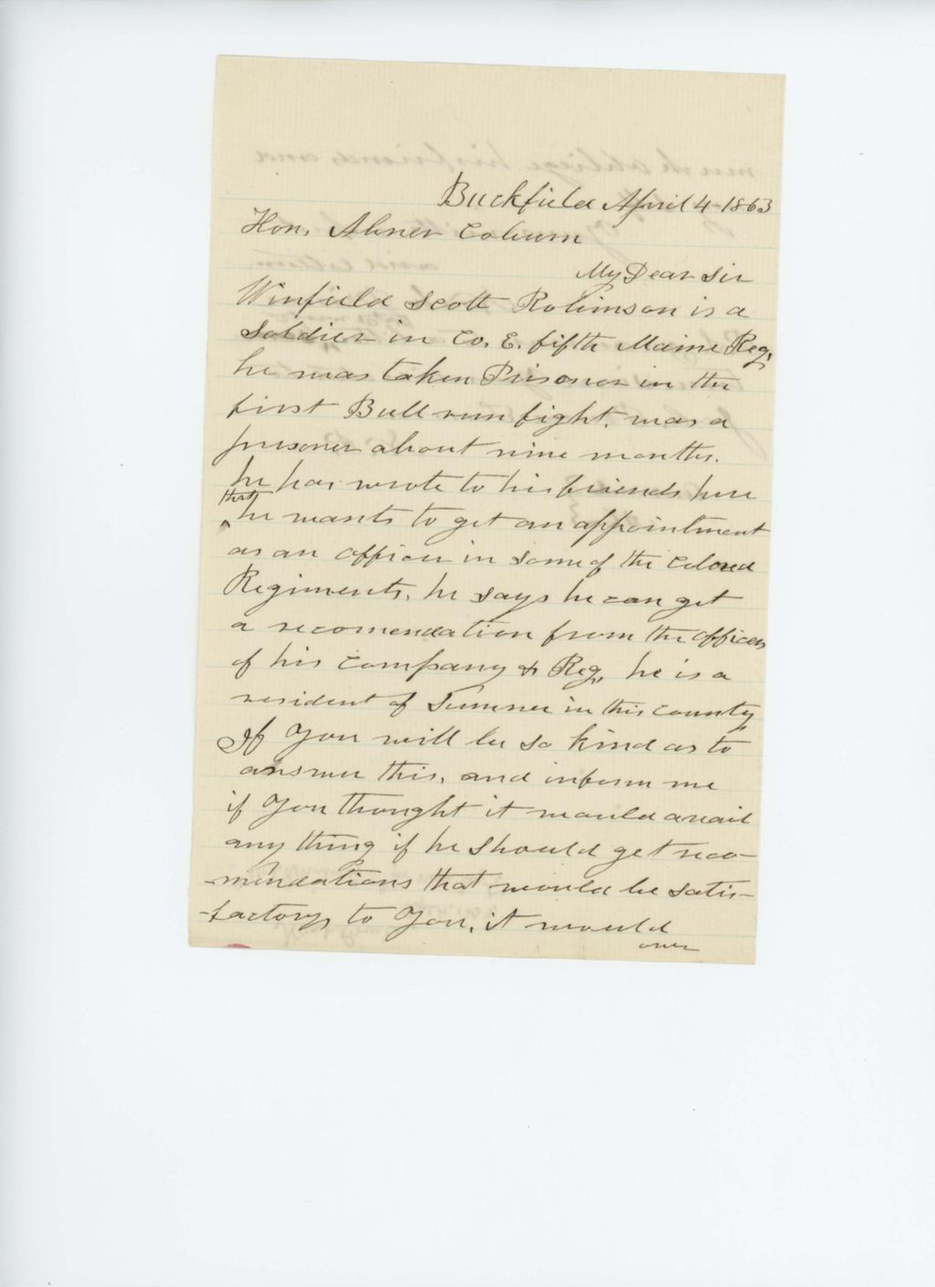 Miniature of Noah Prince recommends the appointment of Winfield Scott Rollins as an officer in the Colored Troops