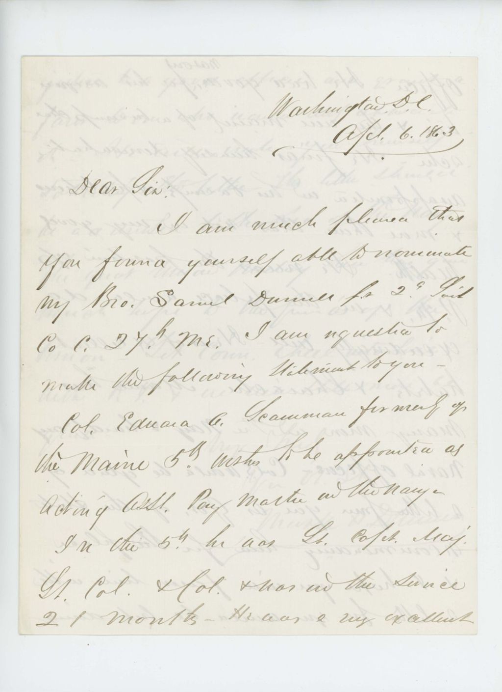 Miniature of Mark Dunnell requests that Colonel Edward A. Scamman be appointed paymaster in the US Navy