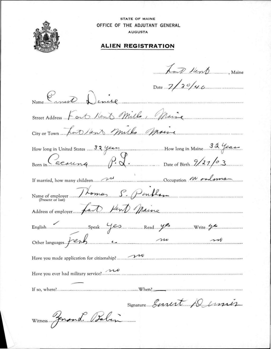 Miniature of Alien Registration- Denise, Ernest (Fort Kent, Aroostook County)