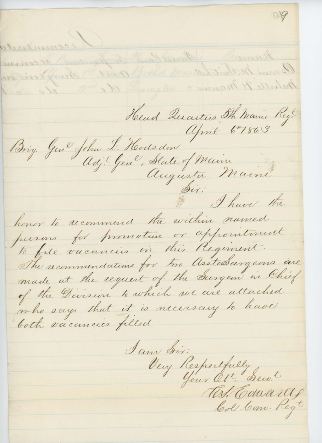 Miniature of Colonel Edwards recommends Osmon M. Twitchell and Melville H. Manson for assistant surgeons