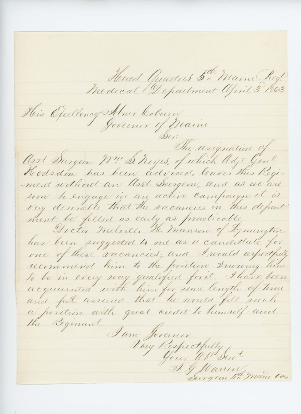 Miniature of Surgeon Francis Warren requests appointment of Dr. Melville Manson as assistant surgeon