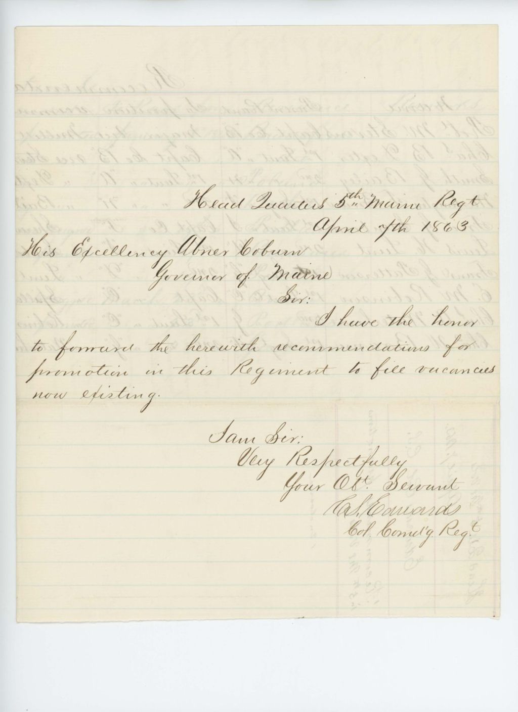 Miniature of Colonel Edwards recommends several promotions in the regiment
