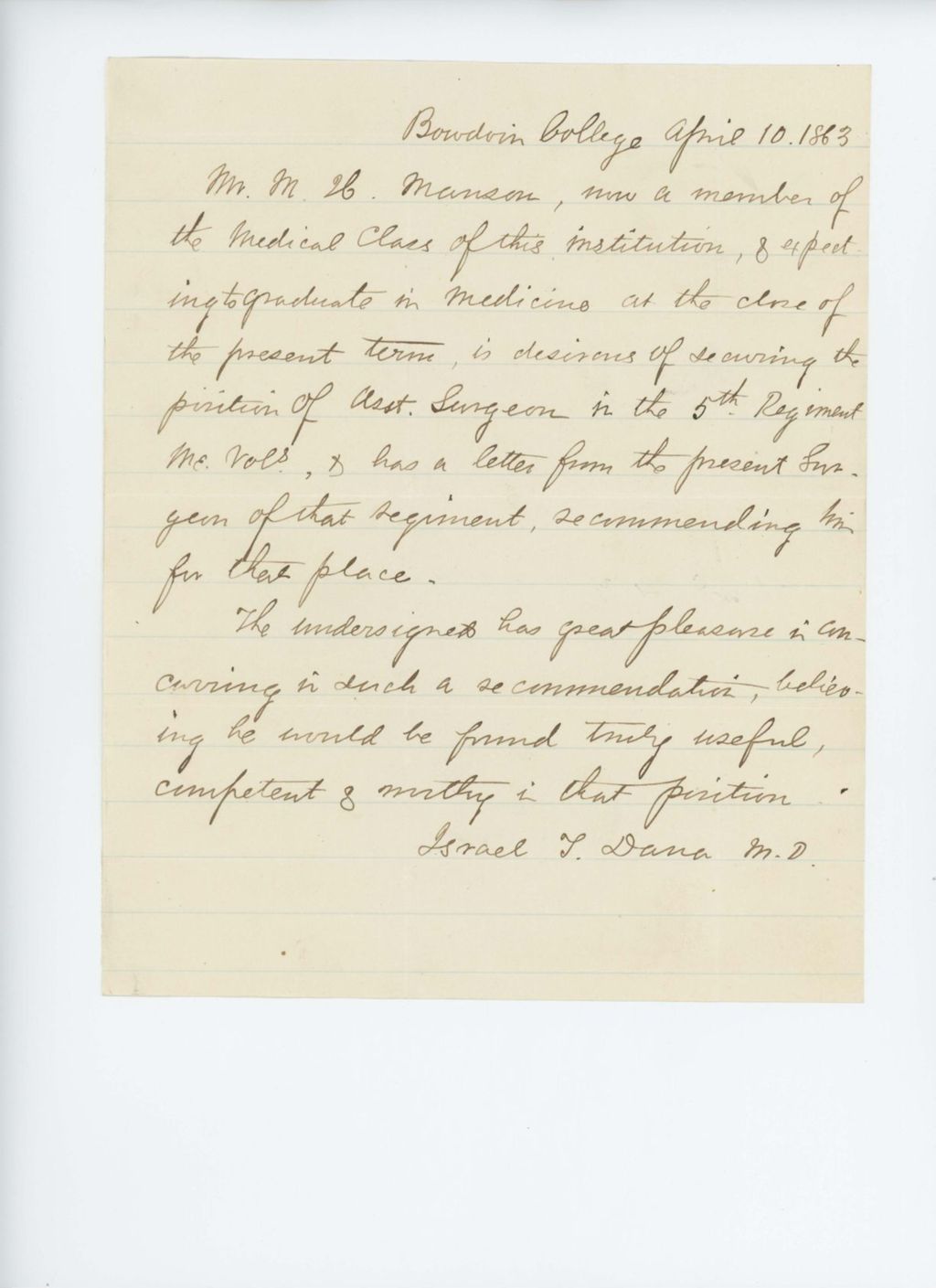 Miniature of Dr. Israel Dana of Bowdoin College recommends Melville Manson for assistant surgeon