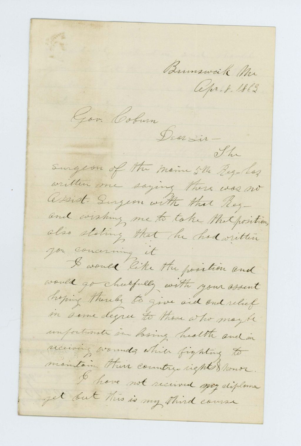 Miniature of Dr. Melville Manson inquires about the position as assistant surgeon