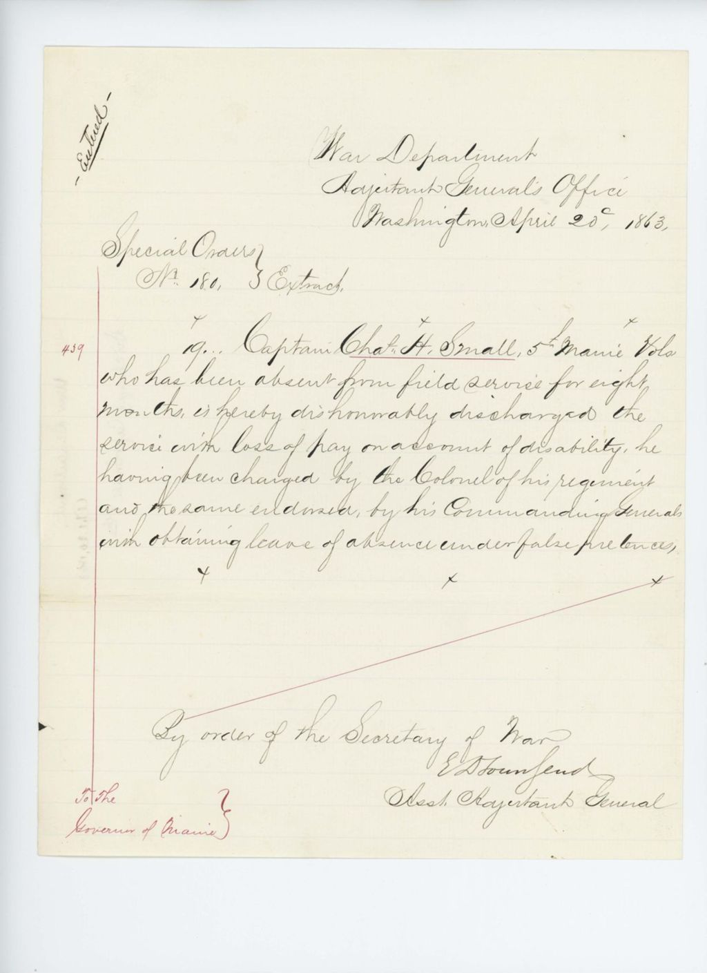 Miniature of Special Order 180 dishonorably discharging Captain Charles H. Small for obtaining a leave of absence under false pretenses