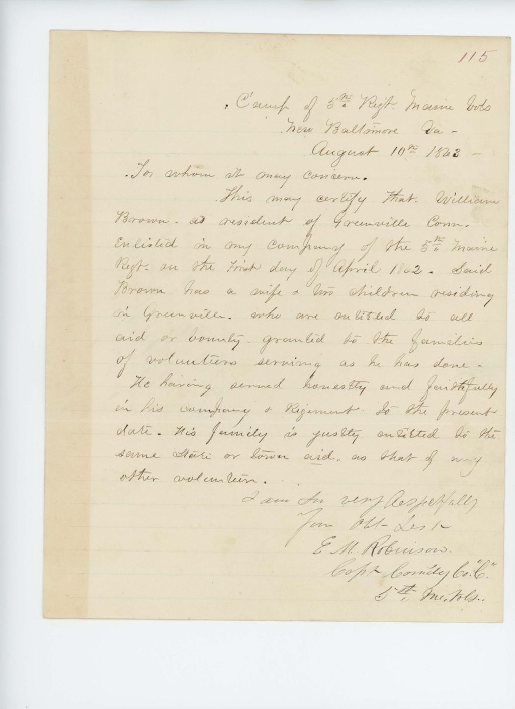 Miniature of Captain E.M. Robinson certifies the service of William Brown of Greenville
