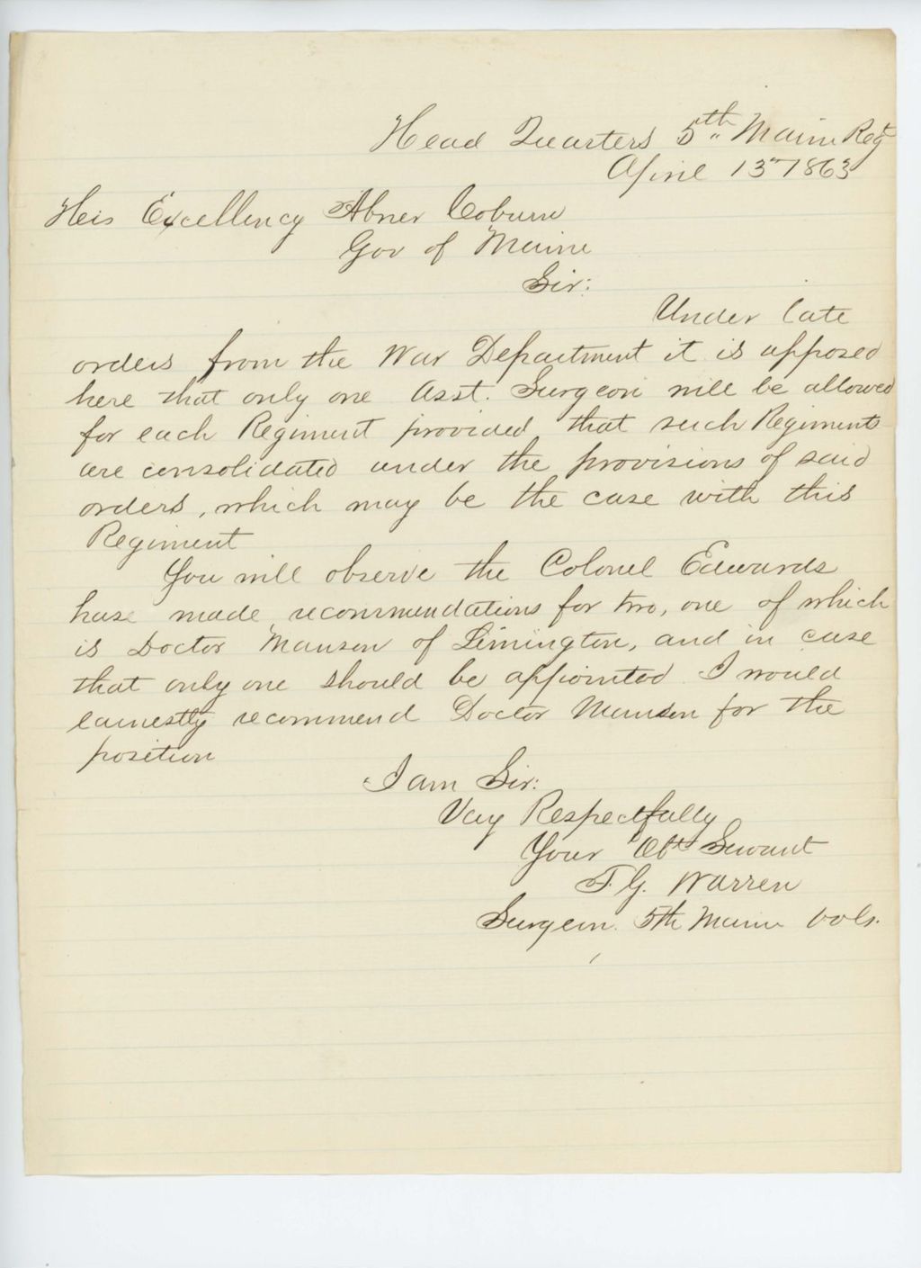 Miniature of Surgeon Francis Warren recommends appointment of Dr. Mansen as assistant surgeon