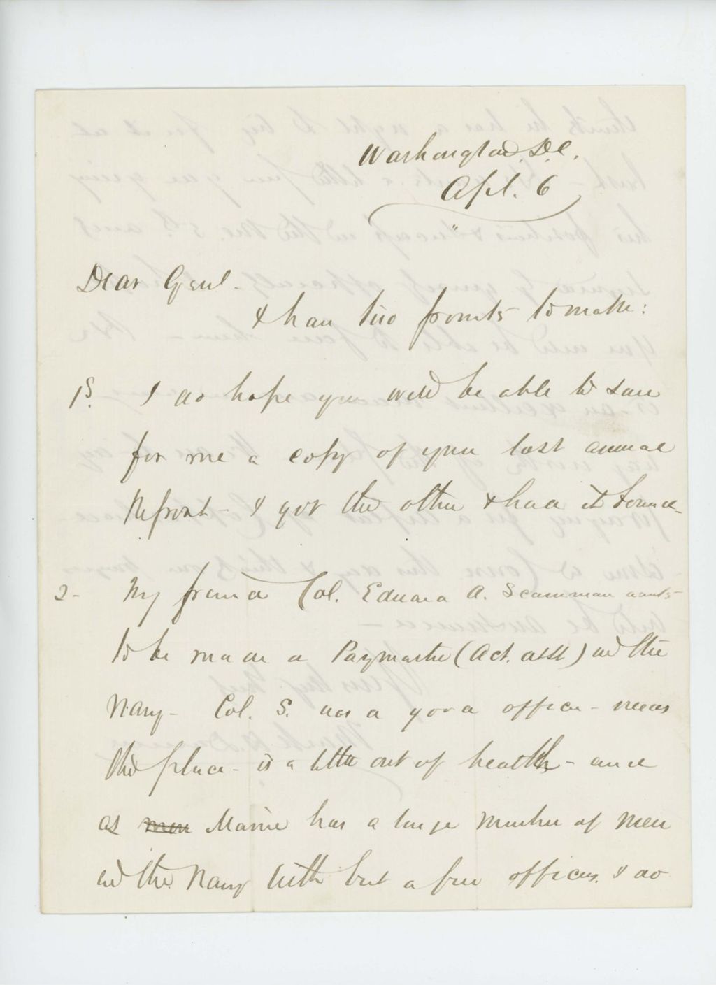 Miniature of Mark Dunnell requests a copy of the latest annual report and asks for Colonel Scamman to be given appointment as paymaster