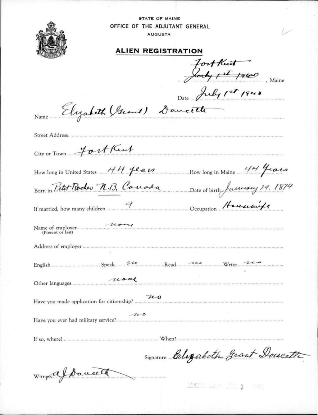 Miniature of Alien Registration- Doucette, Elizabeth G. (Fort Kent, Aroostook County)