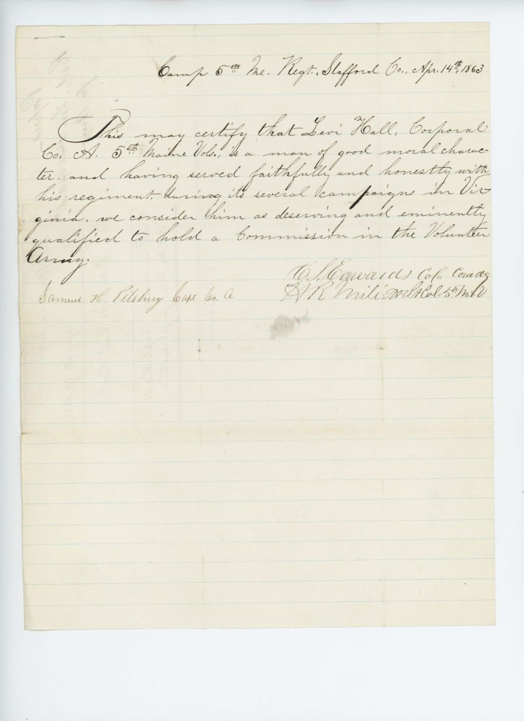 Miniature of Colonel Edwards and Millett recommend Levi Hall for commission