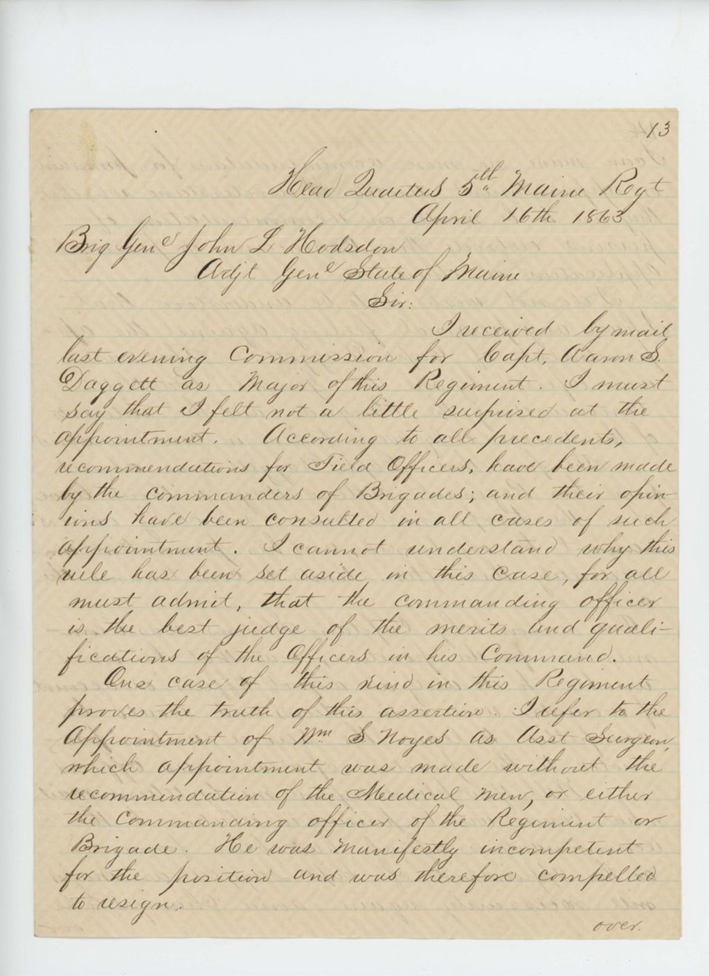 Miniature of Colonel Edwards is surprised by a Major's commission for Aaron S. Daggett