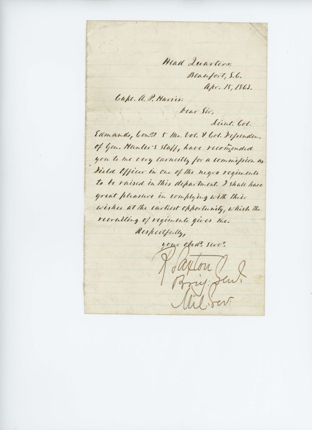 Miniature of Brigadier General Paxton offers Captain Harris a commission in the Colored Troops