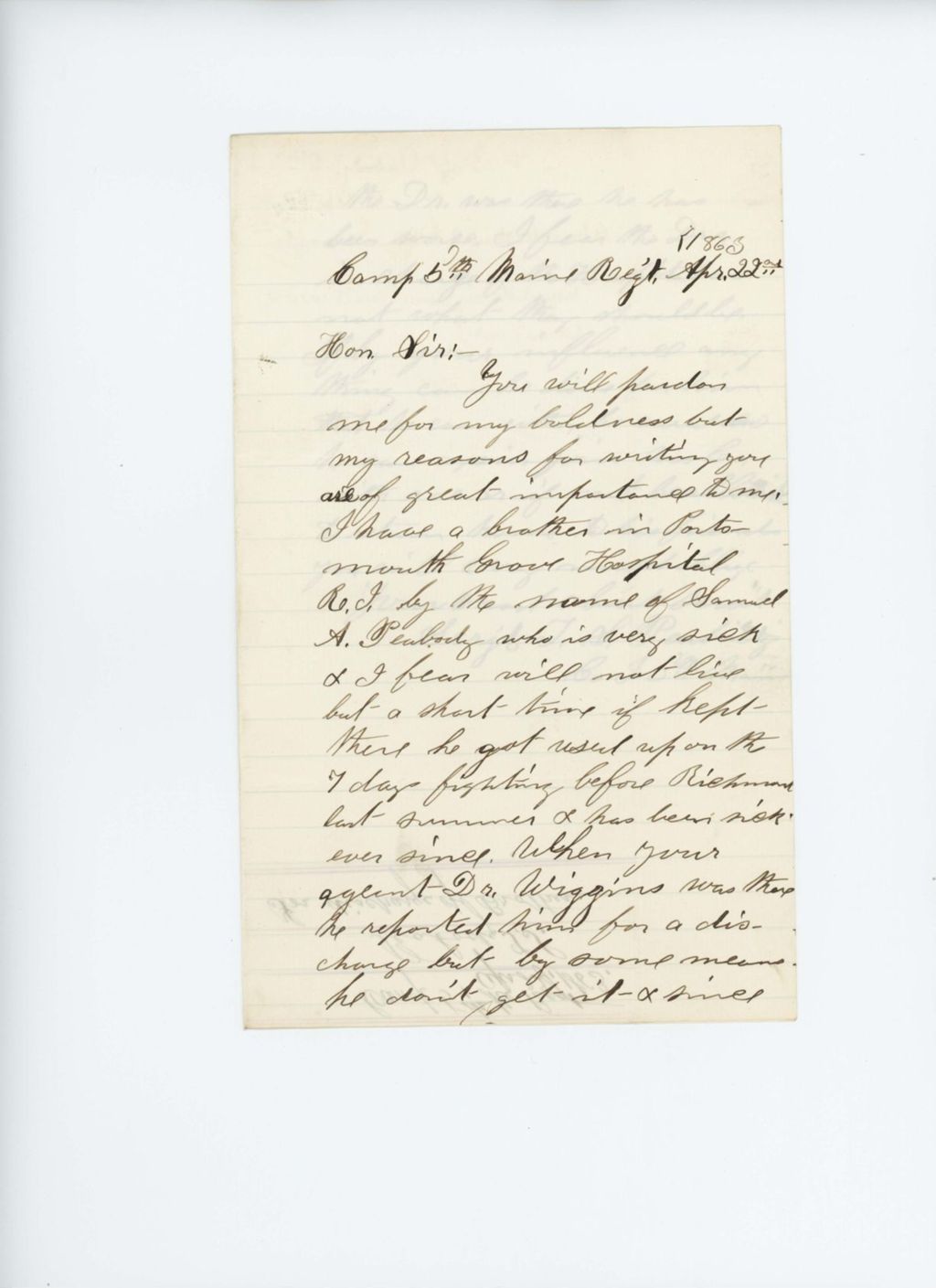 Miniature of Sergeant T.S. Peabody requests a discharge for his ailing brother Samuel