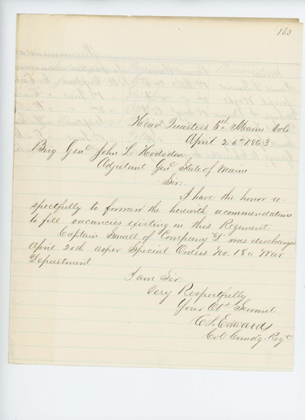 Miniature of Colonel Edwards forwards his recommendations for promotions