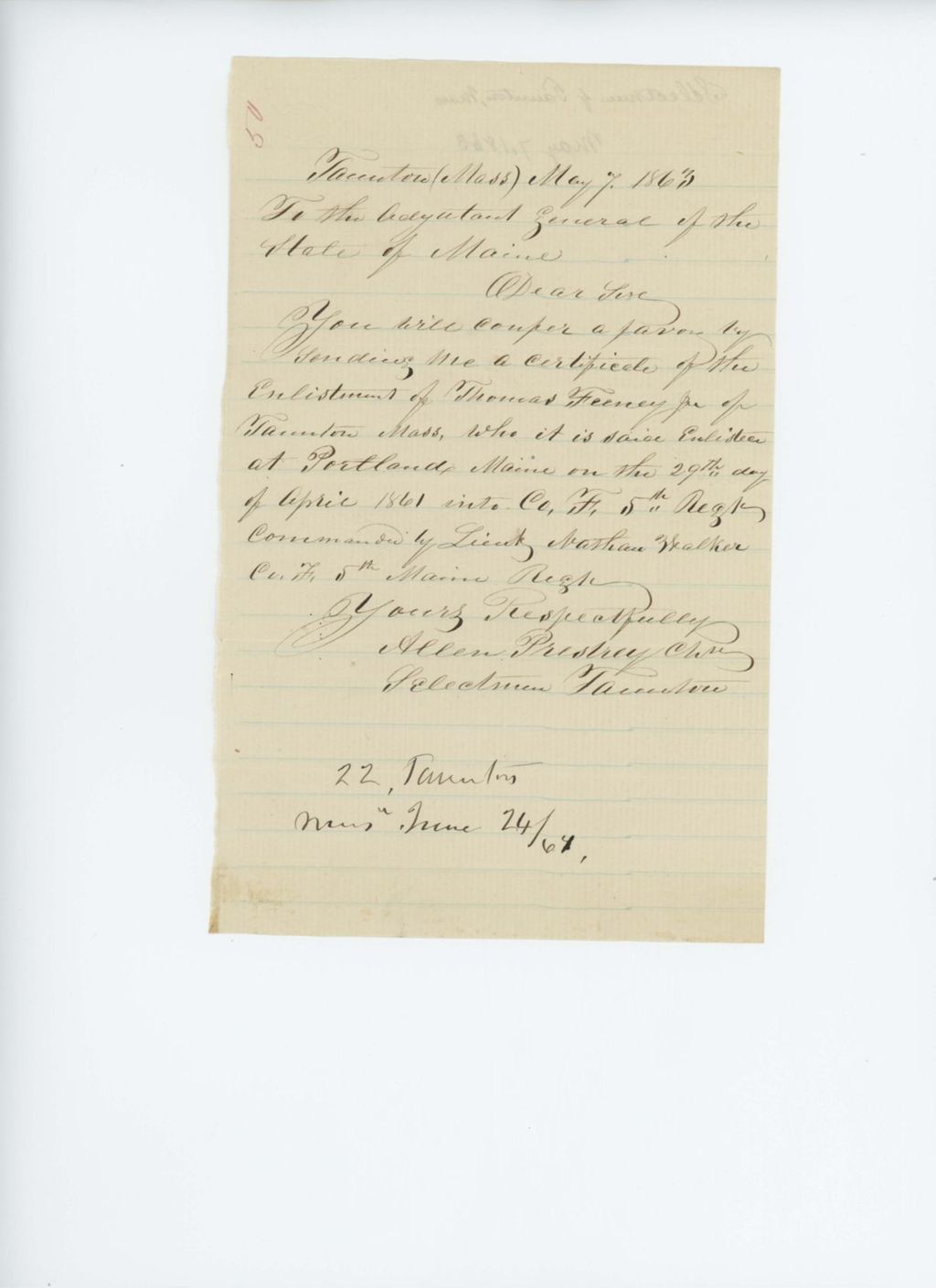 Miniature of Allen Prestrey requests an enlistment certificate for Thomas Feeney, Jr. of Taunton, Massachusetts