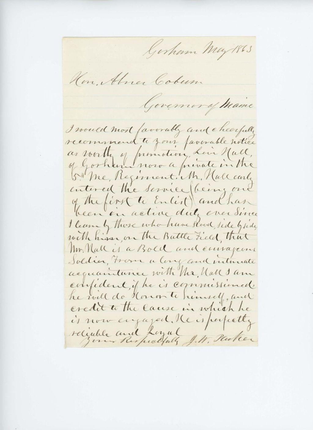 Miniature of J.W. Parker recommends Levi Hall for promotion