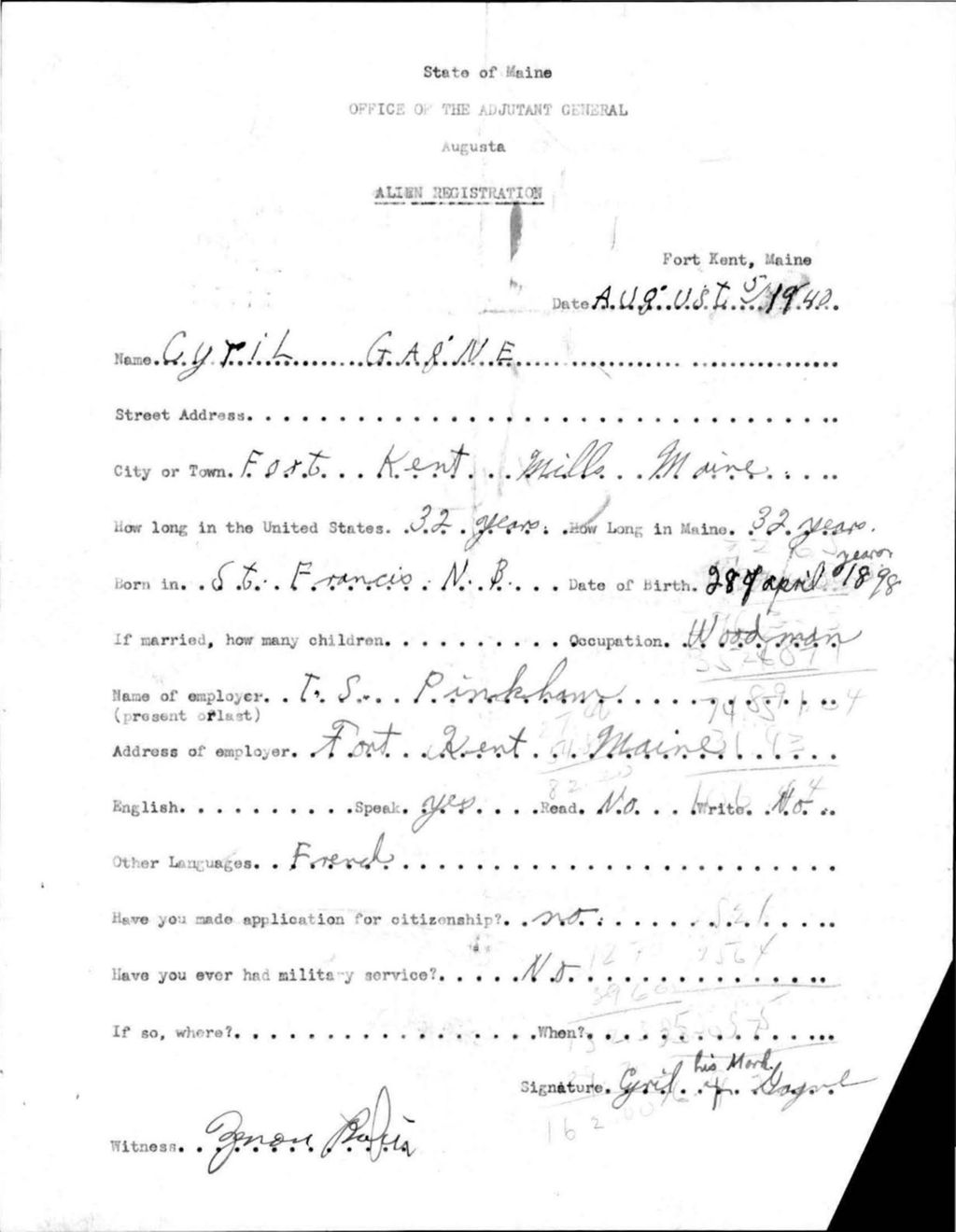 Miniature of Alien Registration- Gagne, Cyril (Fort Kent, Aroostook County)
