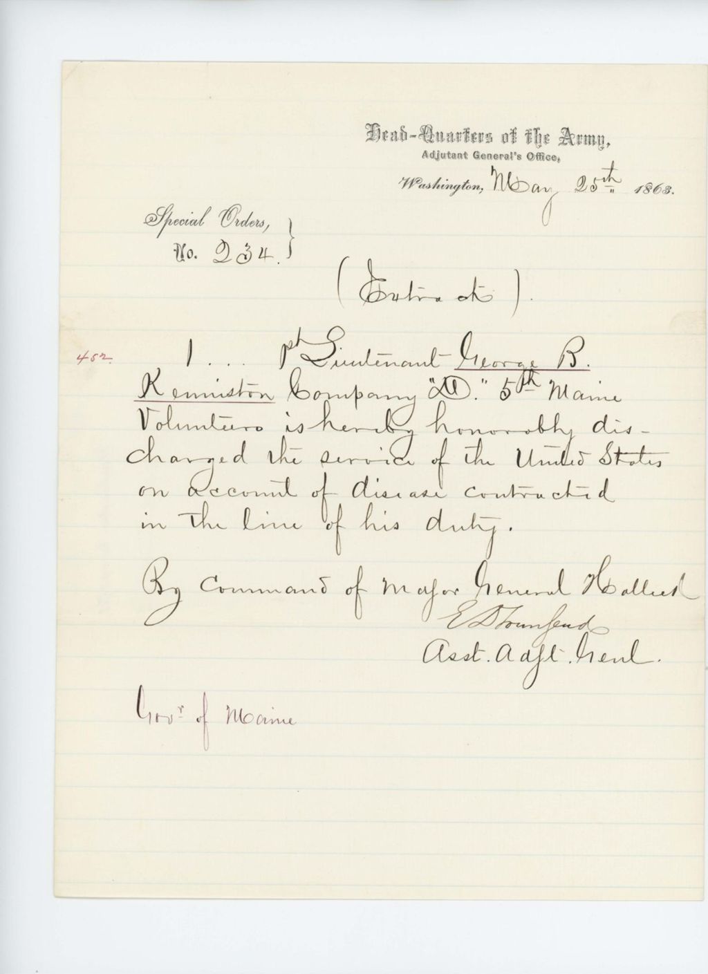 Miniature of Special Order 234 honorably discharging Lieutenant George Kenniston