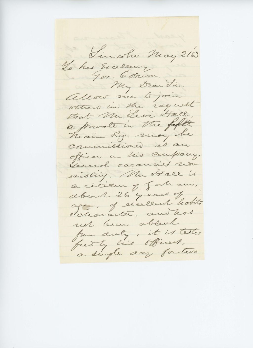 Miniature of E.P. Weston recommends commission for Levi Hall