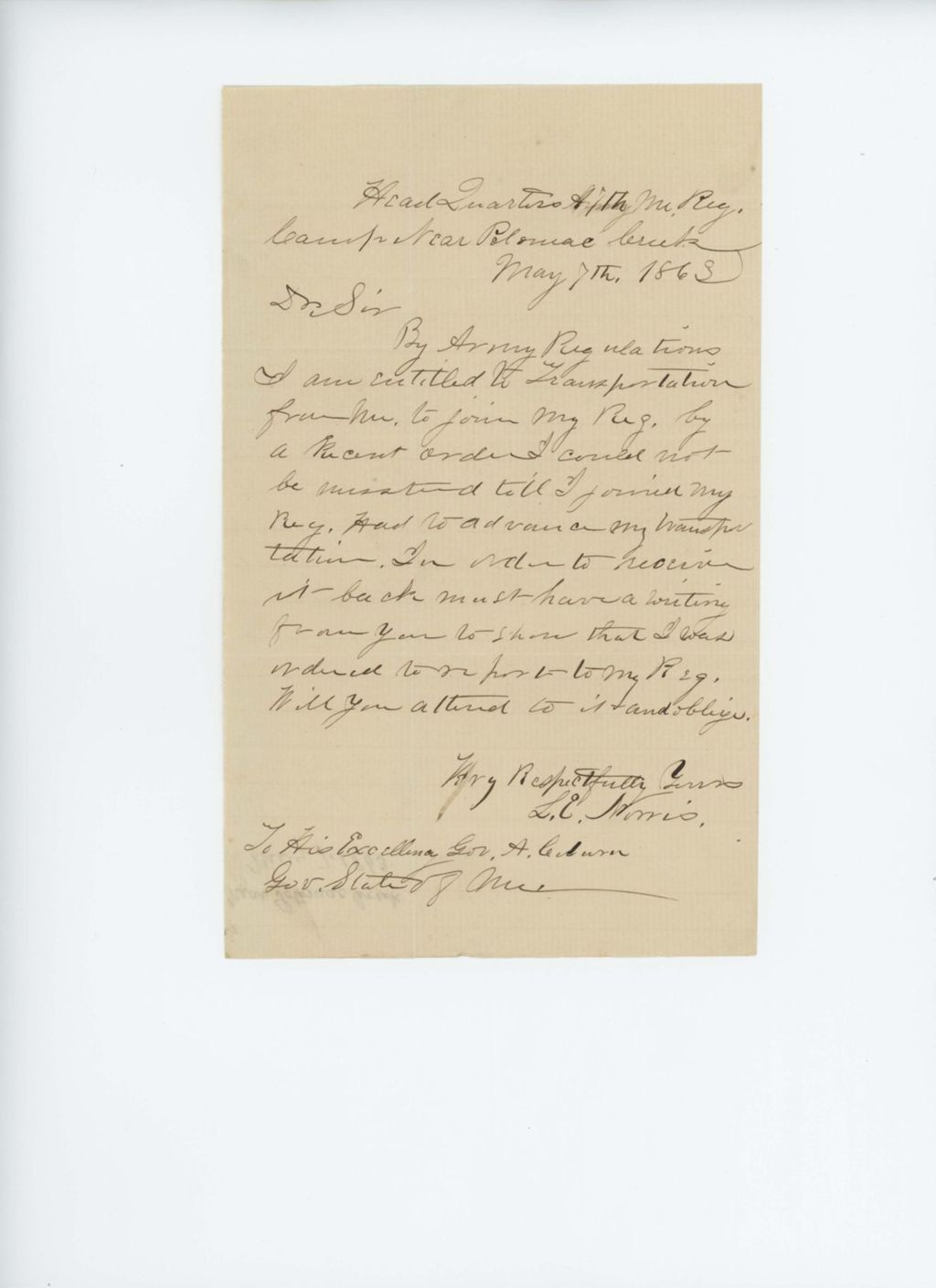 Miniature of L.E. Norris requests transportation to join his regiment