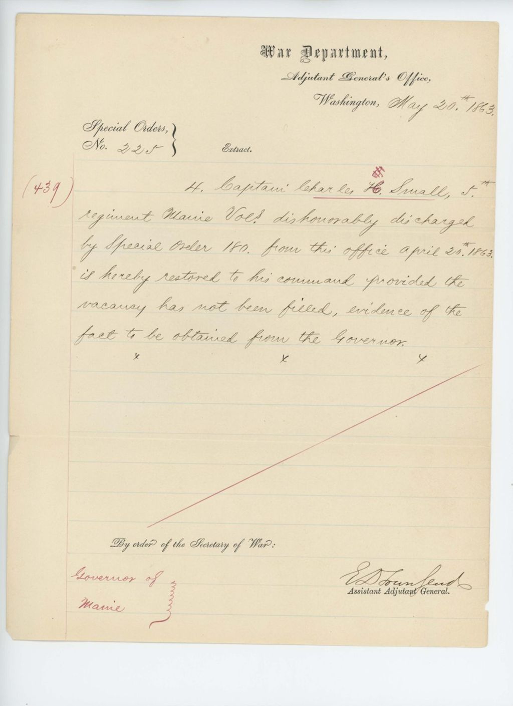 Miniature of Special Order 225 restoring Captain Charles H. Small to his command