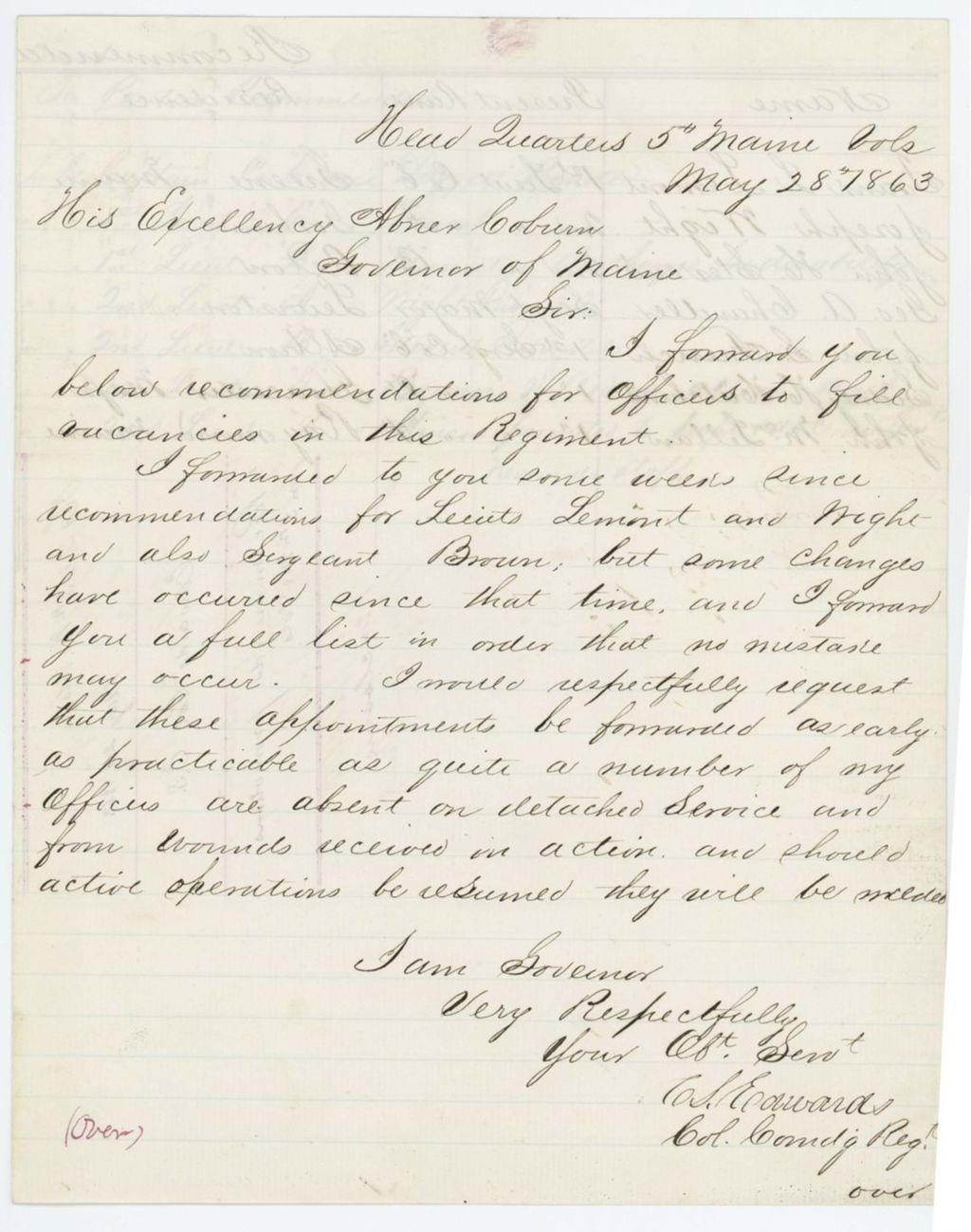 Miniature of Colonel Edwards forwards recommendations for officer vacancies