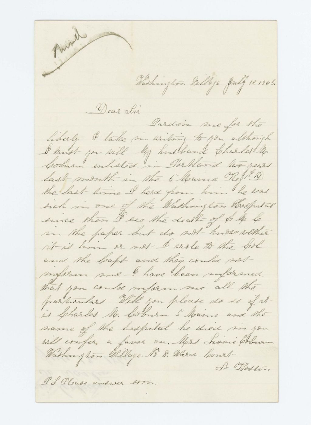 Miniature of Lizzie Coburn requests information if her husband Charles is still alive